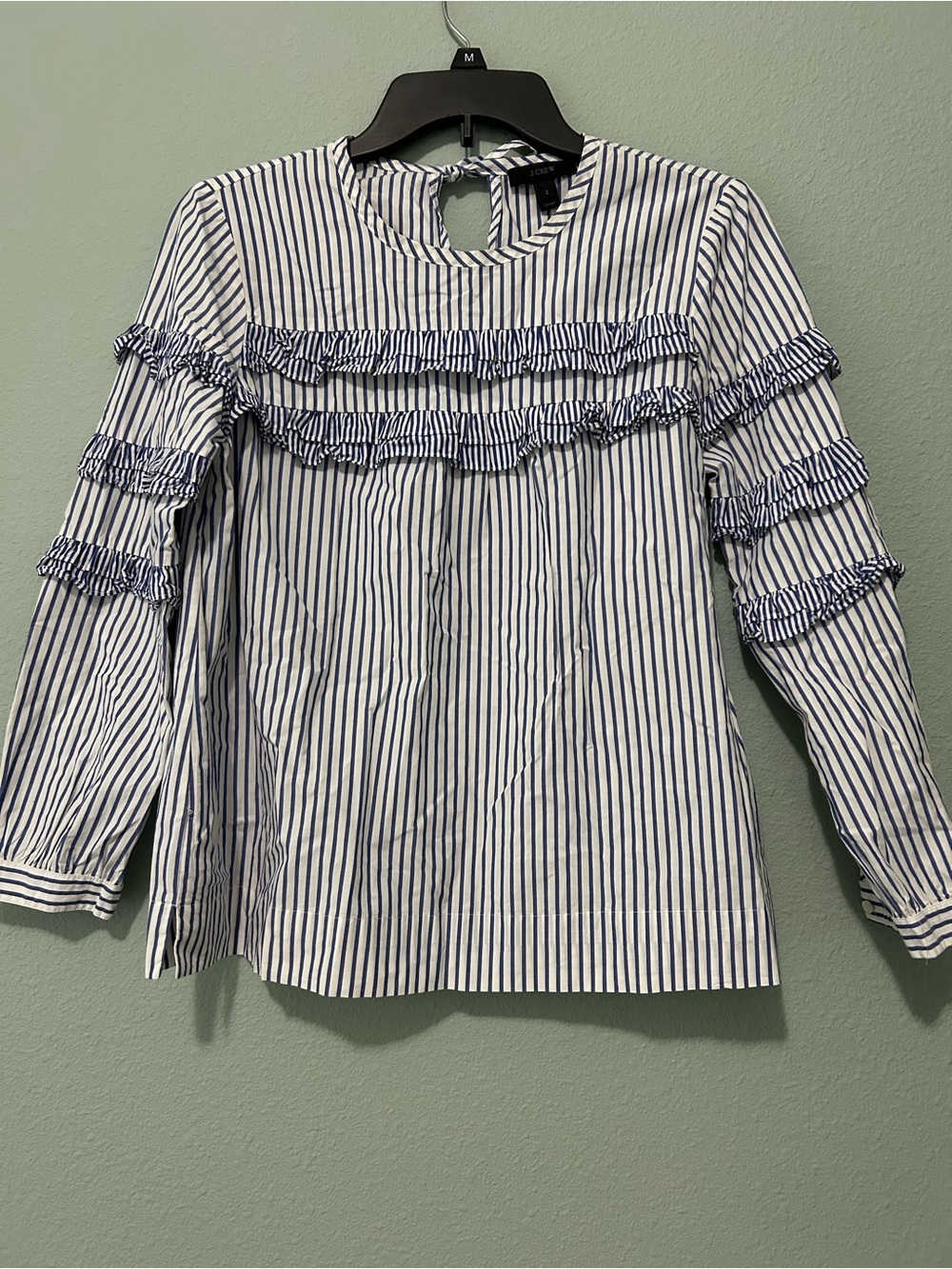 J. Crew Navy & White Striped Ruffle Long-Sleeve Top size 2